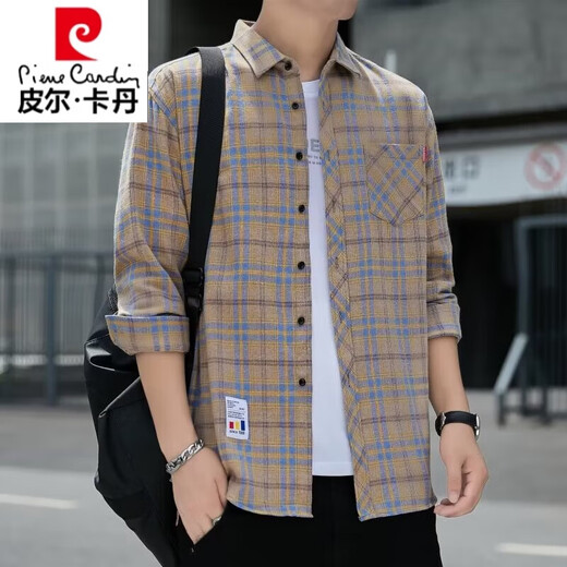 Pierre Cardin plaid casual shirt men's spring and autumn long-sleeved shirt Korean style tops retro loose summer thin jacket K12111 yellow blue M 90-110Jin Jin equals 0.5 kg