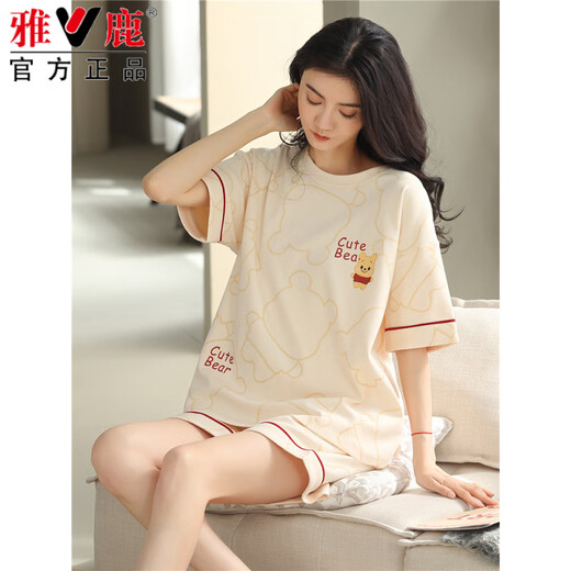 雅鹿都市2025年睡衣女夏季纯棉短袖短裤学生可外穿大码家居服两件套装 YZT9859纯棉 M 建议80-100斤