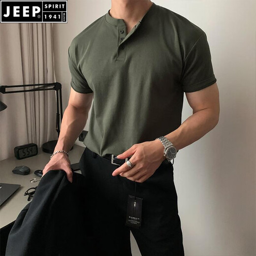 JEEP SPIRIT美式复古重磅短袖t恤男polo衫成熟稳重健身性张力穿搭硬汉亨利衫 绿色 2XL