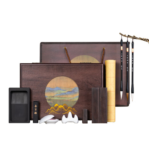 Zhang Xiaofeng's Four Treasures of Study Set Brush Calligraphy Set Beginner's Soft Pen, Ink, Paper and Inkstone Set Chinese Painting Storage Box Holiday Gift Wanli Mountains and Rivers Entry-level Model