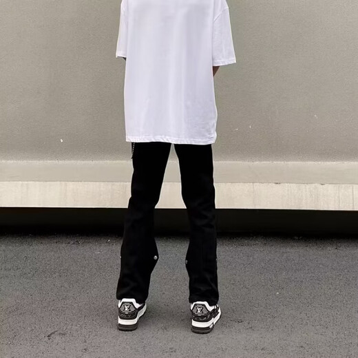 黑盒白美式高街设计感排扣牛仔裤男士春夏季ins潮牌直筒宽松微喇长裤子 DFFS-756黑色 XL