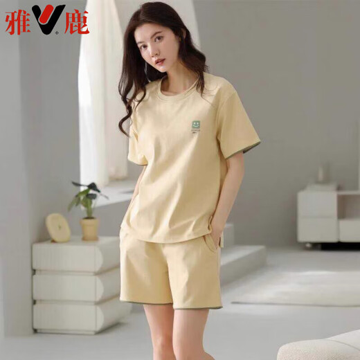 雅鹿睡衣女夏季纯棉短袖短裤简约休闲全棉薄款可外穿家居服套装 Z9854 M 建议80-100斤