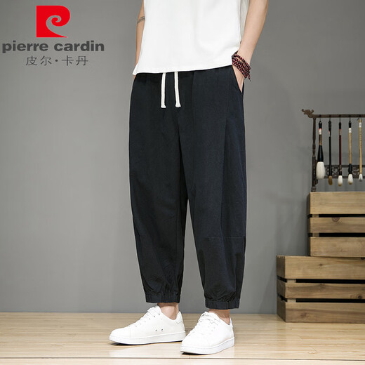 Pierre cardin linen cropped pants men's summer thin loose tucked foot bloomers large size straight harem pants casual cotton linen pants red 3XL