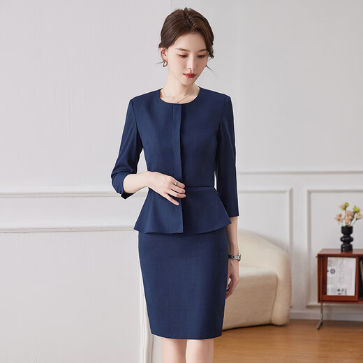 New blue quarter-sleeved small suit jacket for women beauty salon jewelry store two-piece professional suit green suit + skirt (JY6210) 2XL
