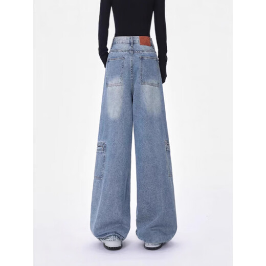 
COLORFUL GEMS blue high waist wide-leg jeans for women retro loose drooping floor pants blue Y1396 M