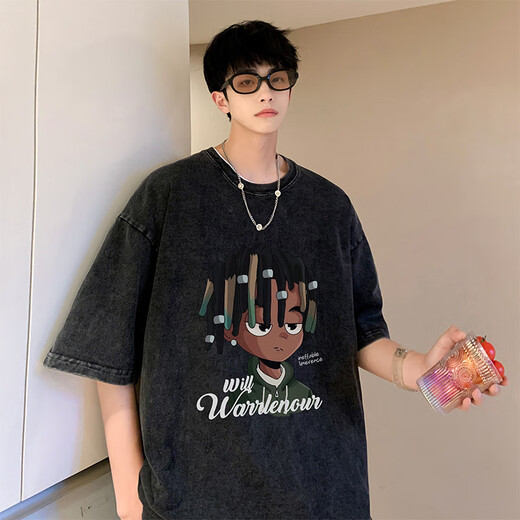 Bangqi American Retro Schwergewichtige Pure Cotton Kurzärmelte T-Shirt Herren Sommer lässig locker trendy Markenwäsche Old halbärzt [250 g reines Baumwollwaschen] X1416-Black L
