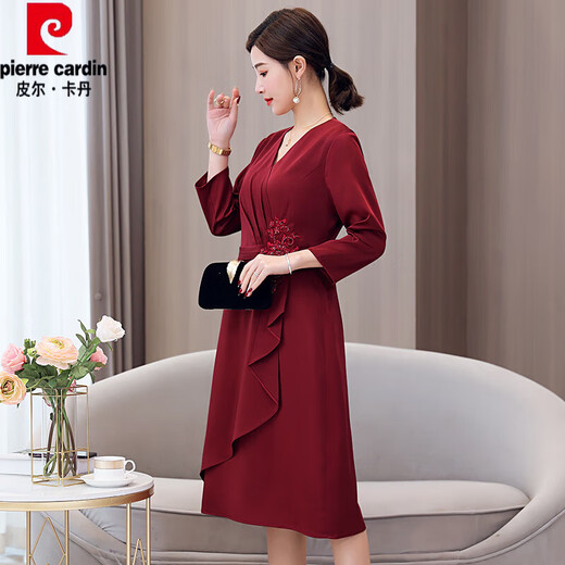 皮尔卡丹（pierre cardin）妈妈婚宴装红色连衣裙女2025春夏秋新款年轻喜婆婆显瘦结婚礼服裙 红色. 【6197款短袖】 2XL 【建议120-130斤】
