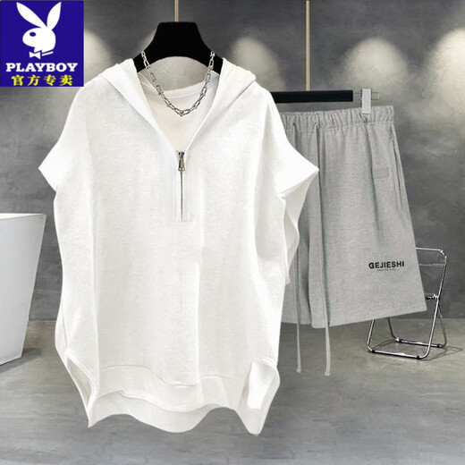 Playboy Extra großer Größe 300 Jin [Jin ist gleich 0,5 kg] Herren-Casual Sports Summer Anzugsouse-Weste Halb-Reißverschluss-Jungen cooler und gutaussehender Outfit-Anzug Sommer 723 Graues Top + D10 Black Shorts XL [Vorgeschlagen 126-165 Jin [Jin gleich 0,5 kg]]