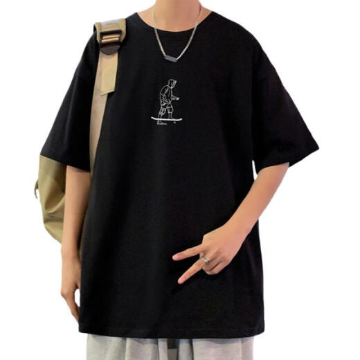 常缕竺纯棉T恤男潮牌潮流休闲宽松圆领短袖男生青少年夏季新款百搭体恤 3897白色 L 约120-140斤可穿