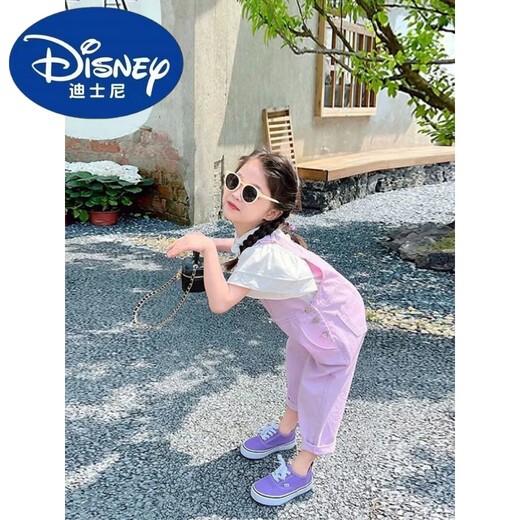 迪士尼(Disney)女童背带裤套装2025夏季新款女宝宝时髦短袖衬衫连体长裤两件套潮 白色衬衫+紫色背带裤 150 3XL 建议身高140厘米左右