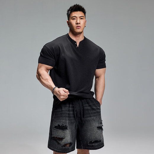 
MUSCLEDOG Muscle Dog Fitness Short Sleeve Men's Summer New Products Loose Casual Henry Shirt Training Suit Sports T-Shirt Black 3XL