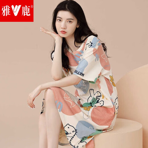 雅鹿2025年新款睡裙女夏季纯色棉短袖睡衣简约条纹棉可外穿睡衣裙 YZT6621睡裙 XL 170() 推荐120-1d