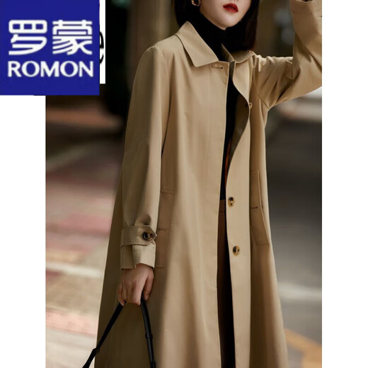 罗蒙（ROMON）风衣外套女中长款2023秋冬新款时尚女装翻领长袖宽松通勤百搭上衣 卡其色 XL