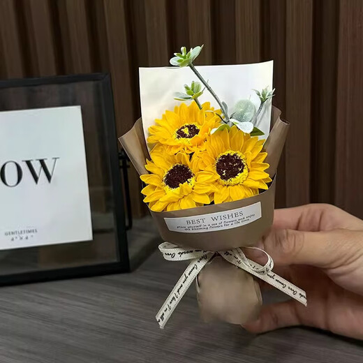 迷你口袋见面小花束玫瑰向日葵永生花仿真花伴手礼生日女神节礼物 小花束-棕色+粉玫瑰 1支