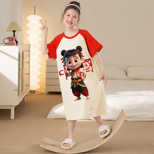 亲子母女睡裙夏季纯棉短袖薄款女童睡衣中大童女孩夏天儿童家居服 B1283哪吒【100纯棉睡裙】 均码 建议103cm30斤内【8码】