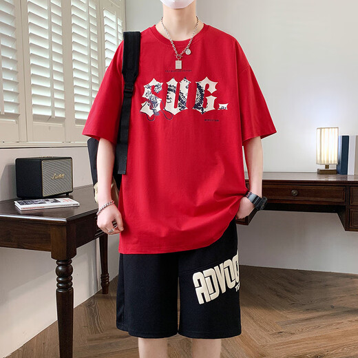 奥计高中生夏季潮男短袖t恤1215岁青少年帅气运动风 D3523-5黑色(短袖+短裤) M (80-95斤左右)
