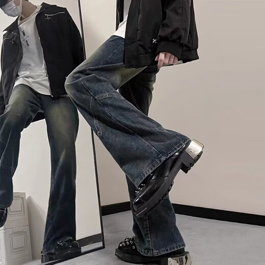 迪伽达牛仔裤男美式复古高街潮牌做旧设计感拼接渐变水洗微喇显瘦直筒裤 JSH-M774蓝色 XL