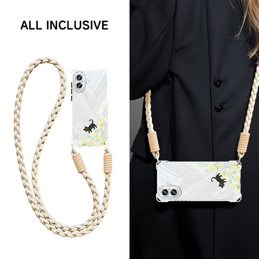 Jingna Applicable to Apple 16 mobile phone case new 16e cartoon Pro can be cross-body lanyard iPhone silicone flower cat promax four corner anti-fall women's protective cover transparent - flower cat blue - pendant B109 Apple 16