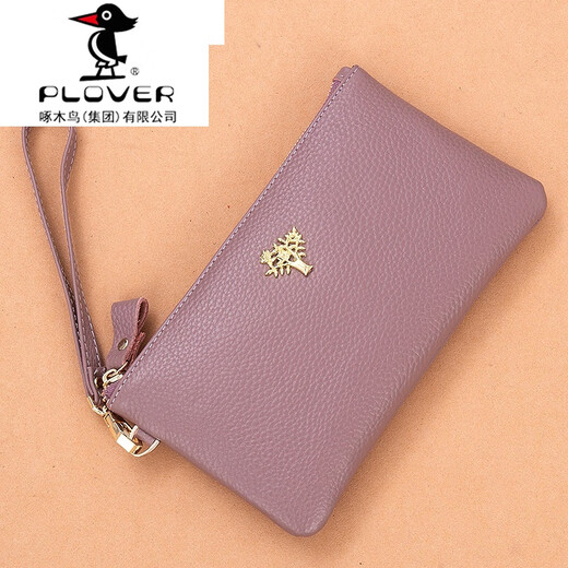 PLOVER genuine leather women's clutch bag long wallet 2025 new fashion simple handwritten wrist mobile phone coin wallet small bag lotus purple