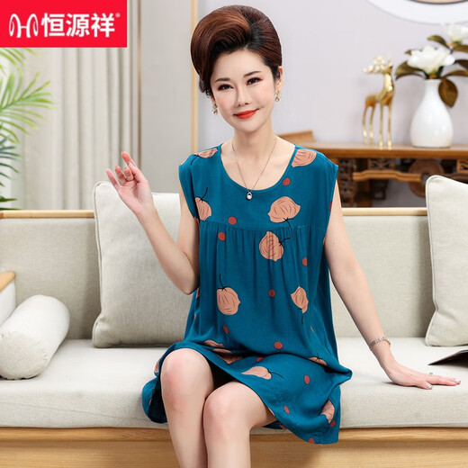 恒源祥中老年人睡裙女夏女士棉绸中年妈妈睡衣圆领薄无袖大码人棉连衣裙 1105 M 建议80-100斤穿