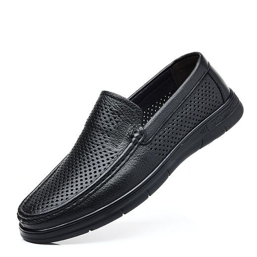 
YRC Yierkang Leather Shoes Men's 2025 Summer New Hollow Breathable Casual Shoes Men's Soft Sole Anti-Slip Bean Shoes 9925 Black Hollow 41