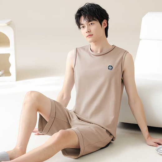 Cat man pur coton pyjamas masculin mince houllon respirant sans manches pull gilet short masculin de vêtements de maison décontractés en coton 13658 Couleur de café léger [100% coton absorbant et respirant] l [suggéré 100-120jin [Jin est égal à 0,5 kg]]]]