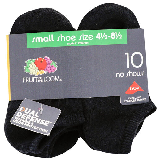 Fruit of the loom Boys Dual Defense No Show Socks (10 Pack) Black 3-9