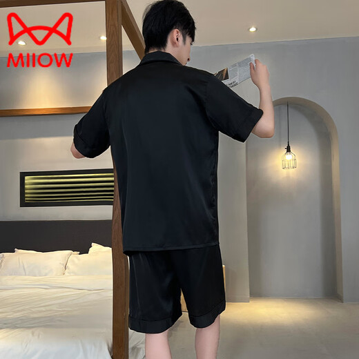 MiiOW pajamas men's summer ice-sleeved short-sleeved pants summer thin simulated silk boys' youth student home clothes set G542 L (height about 170 and weight-130Jin Jin is equal to 0.5 kg)