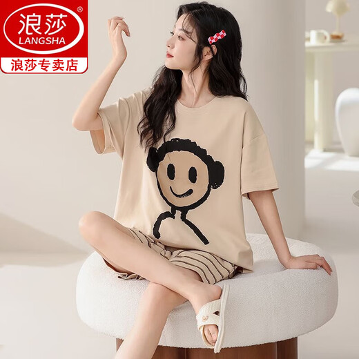 浪莎（langsha）睡衣女夏季纯棉短袖短裤甜美可爱简约休闲女士可外穿春夏款家居服 687女 M 【80-100斤】