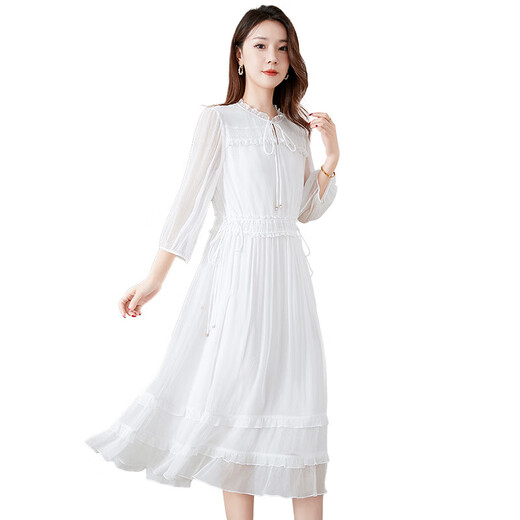 Tinte und Wash Beauty [Seidenholzohren] Zhongdashu Sommer plissierter Maulbeer-Seidenkleid für Frauen, schlanker Rock mit mittlerer Länge 9272 Weiß L (115-125jin [Jin ist gleich 0,5 kg])