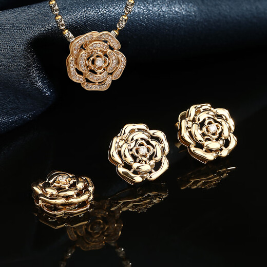 Chishe 18K Hollow Camellia Bright Diamond Earrings Pendant Women's Small Fresh Light Luxurious Trendy Earrings Ins Simple and Versatile 12.5mm Light Gold (Pendant) Customized