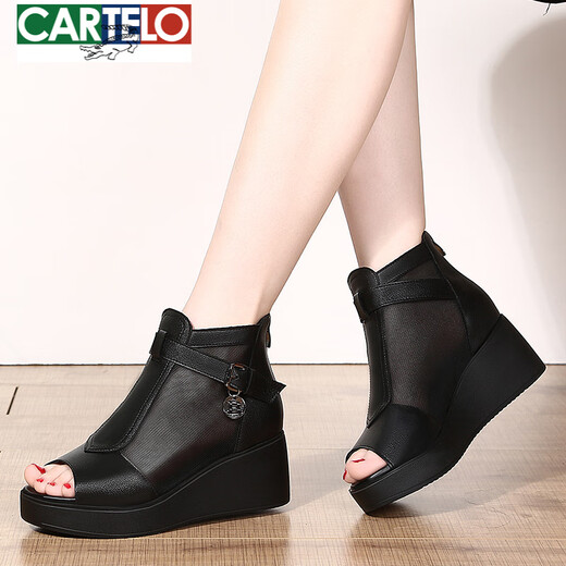 卡帝乐鳄鱼（CARTELO）2025春夏季新款真皮网纱鱼嘴鞋女松糕厚底内增高凉鞋时尚镂空凉靴 黑色粗网纱款 坡跟808 34