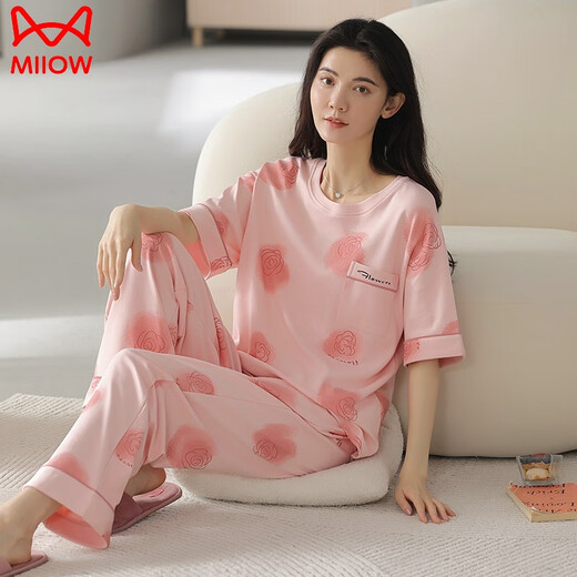 猫人（MiiOW）纯棉睡衣女夏季短袖长裤圆领韩版甜美卡通学生可外穿家居服套装薄 Z9719 M (155-160CM，80-100斤)
