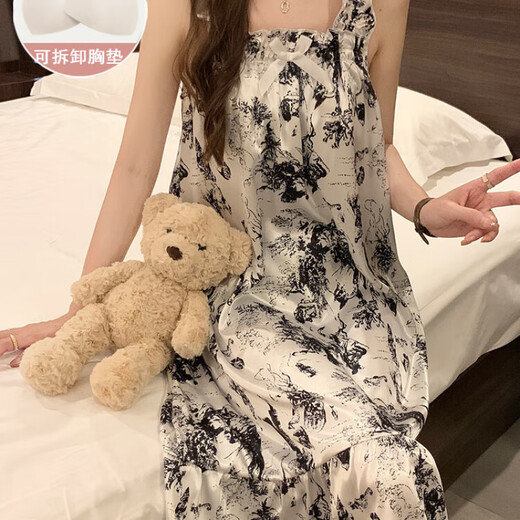 
LangSha nightgown for women in summer, with breast pads, ice silk cool suspender pajamas, summer, women's sweet and cute home clothes, spring and autumn 3887 [Not removable chest pad] M [75-100Jin [Jin equals 0.5 kg]]
