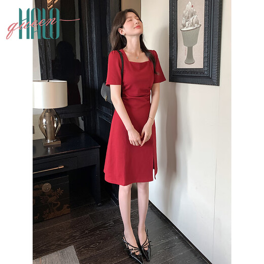 
Halo Queen red short-sleeved dress for women summer French square collar engagement dress vacation red skirt H52Q024