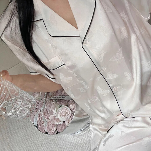 莫代尔气质ins淑女风夏季冰丝睡衣女款短袖长裤纹理感蝴蝶高级感家居服 套YFY9905【面料】 M (建议80-100斤)