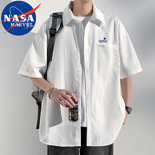 NASA MARVEL short-sleeved shirt men's summer breathable top business lapel thin shirt men's casual clothes white 2XL