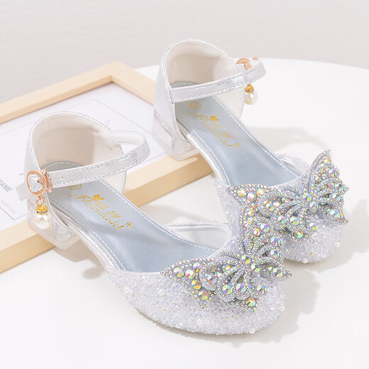 
Sriyang Korean version of girls' princess shoes silver white Cinderella children's crystal shoes student party performance shoes girls high heels A9928 silver 28 inner length 17.8 cm