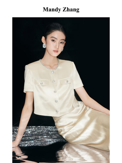 Mandy Zhang French acetic acid sparkling champagne diamond button skirt women's summer side slit wrap arm temperament long skirt sparkling champagne XS