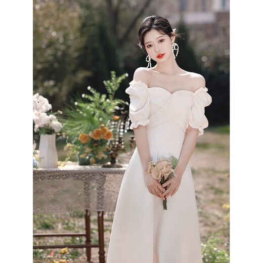 创京懿选伴娘服2024新品香槟色缎面连衣裙感小众仙气秋季姐妹团礼服女 753-中长款 M