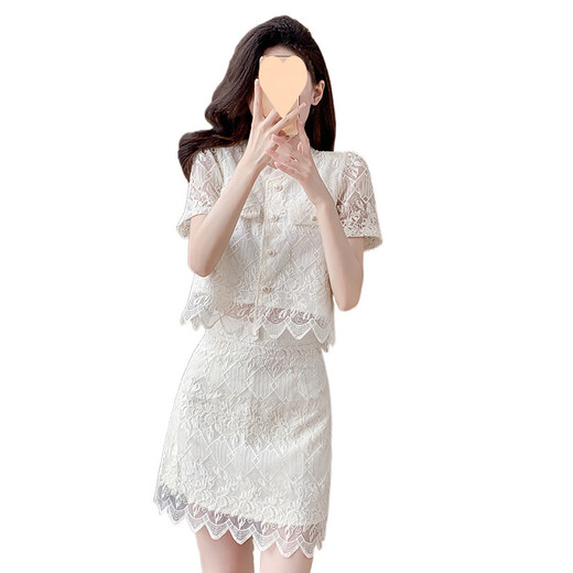 冠贸裴小香风蕾丝半身裙两件套女纯色气质套装裙2025 米白色套装841 M