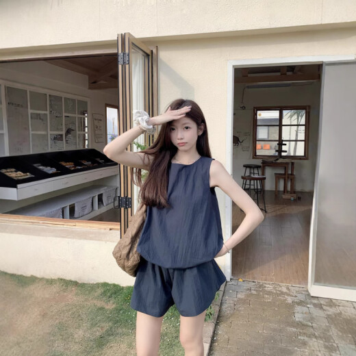 Rongxitu Dopamine Girls zweiteilige ärmellose Weste mit hohen Taillenbreite Bein Shorts Abschleife 9719 Aprikosengrün Top l