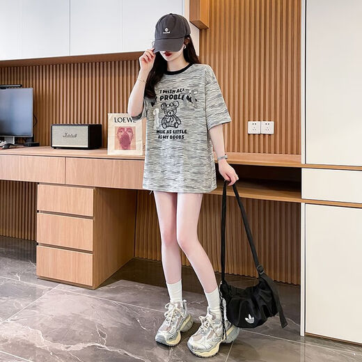 
Feili Musanne 2025 summer new cartoon print contrasting color pure cotton short-sleeved T-shirt women's large size loose slim half-sleeved top 897 gray M [recommended 100-120 Jin [Jin equals 0.5 kg]]