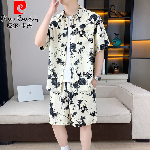 皮尔卡丹（pierre cardin）夏季冰丝短袖衬衫套装男休闲痞帅碎花半袖衬衣搭配沙滩短裤两件套 679米白套装 XL 125-140斤
