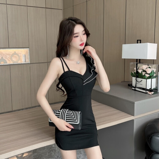 Vestido sexy para clubes nocturnos con pequeños clubes nocturnos del temperamento de suspensión bajo de la tela actualizada para mujeres mejoradas-Black M (recomendado 95 ~ 105Jin [Jin equivale a 0.5 kg])