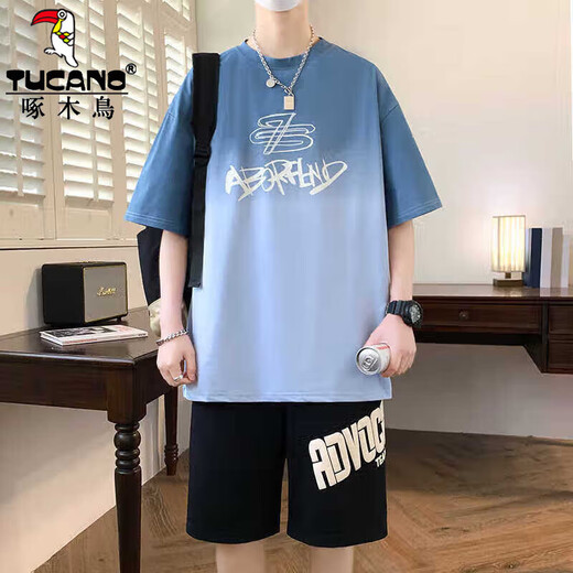 啄木鸟（TUCANO）青少年夏季短袖t恤12-15岁男孩衣服13初高中学生帅气大童夏装套装 6169-5紫色套装【短袖+黑短裤】 M (约75-100斤)
