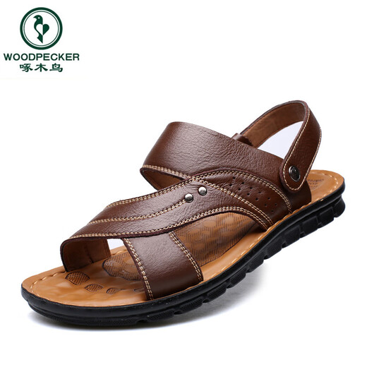 啄木鸟真皮凉鞋男夏季两用防滑大码外穿软底沙滩鞋高级中老年爸爸凉拖鞋 12129 棕色 37
