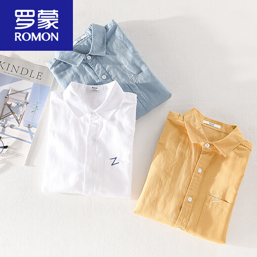 Romon Herren-Leinen kurzärärmiges Hemd Japan japanische dünne Sommerjugendliche Festkörper-Cotton-Hemd-Hemd Neues Produkt 9711 Hellblau 2xl 145jin [Jin gleich 0,5 kg]