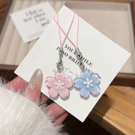 Romantic Jelly Sakura Mobile Chain Cute Girl Heart Gentle Translucent Flower Pendant Couple Best Friends School Bag Accessories 1 [Pink] + 1 [Blue]