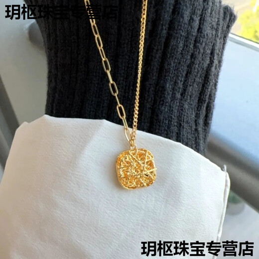 KZD sand gold brushed sugar cube pendant gold quality flash necklace gold plated niche fashion 45cm
